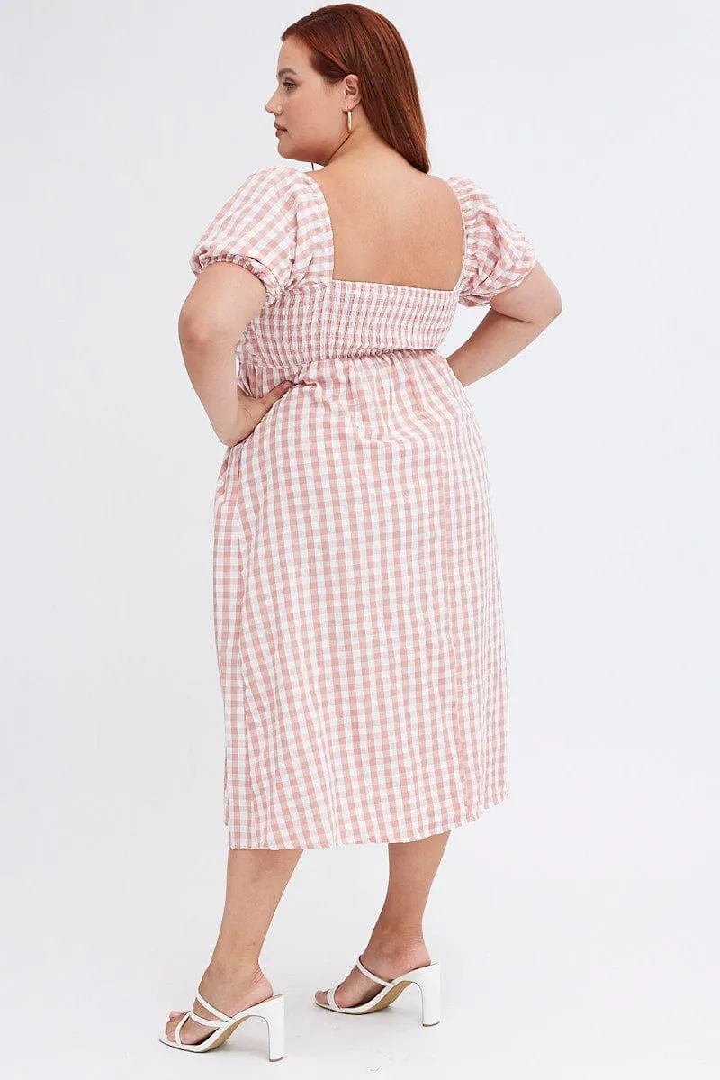 Pink Check Midi Dress Ruched Bodice Gingham Puff Sleeve Photo Spot Metro Stop