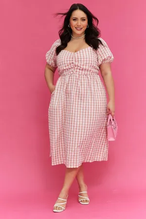 Fresh Air Weather Chic Pink Check Midi Dress Ruched Bodice Gingham Puff Sleeve