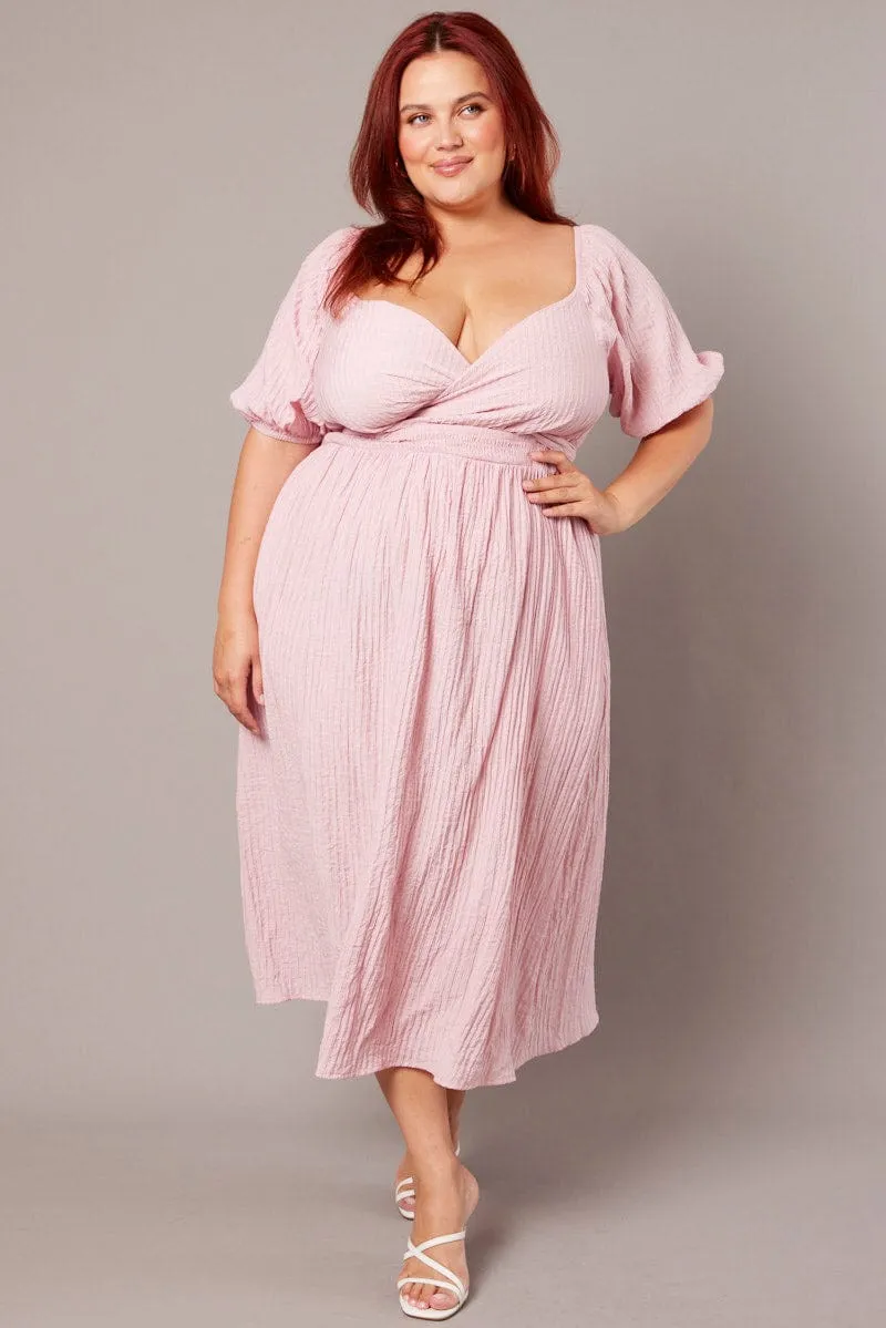 Pack Friendly Pink Midi Dress Textured Wrapover Elastic Waist Detail