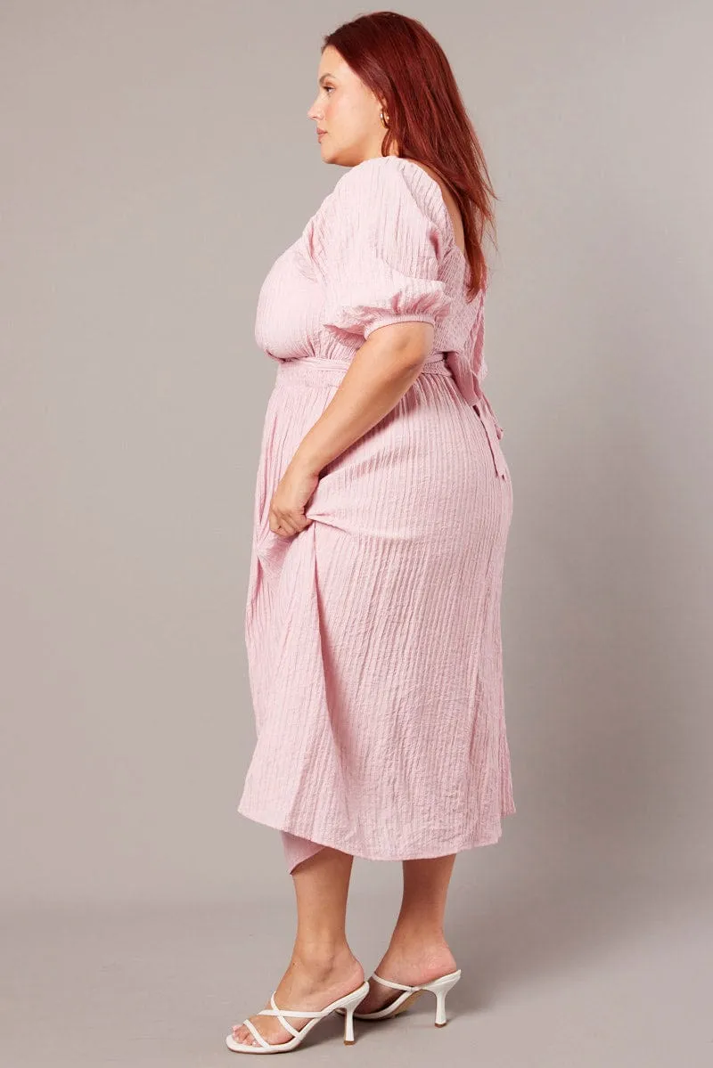 Self Love Feminine casual piece Pink Midi Dress Textured Wrapover Elastic Waist Detail