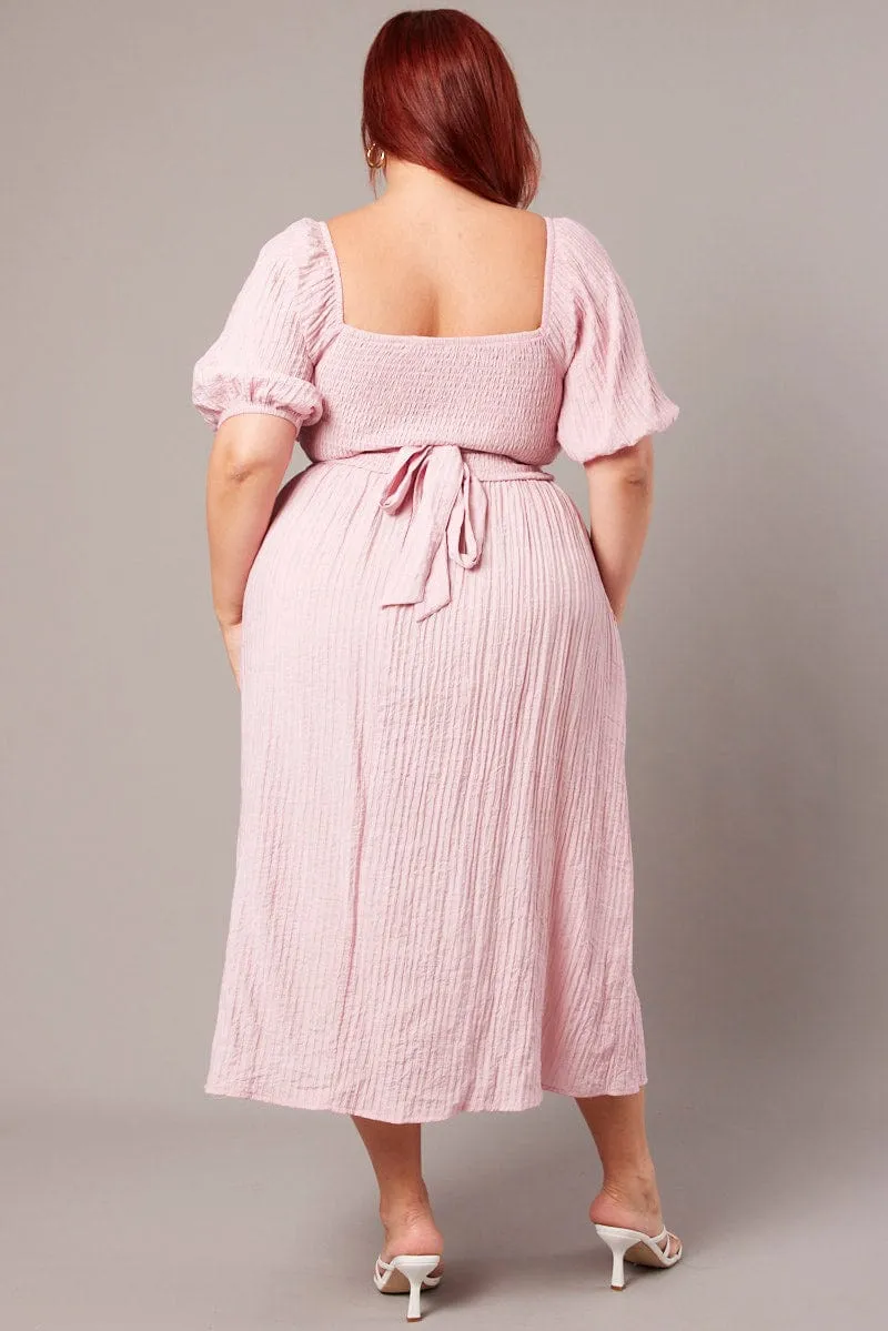 A-line midi dress Pink Midi Dress Textured Wrapover Elastic Waist Detail