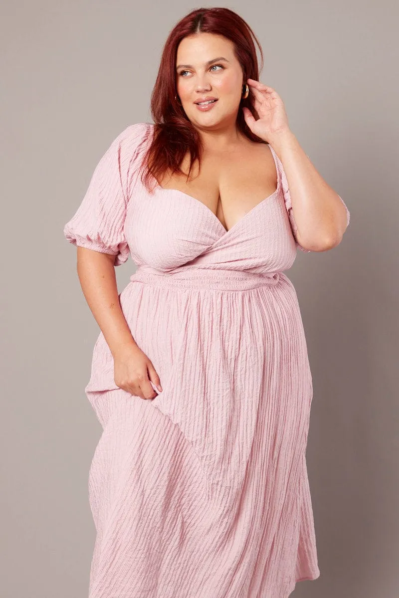 Stylish options Pink Midi Dress Textured Wrapover Elastic Waist Detail
