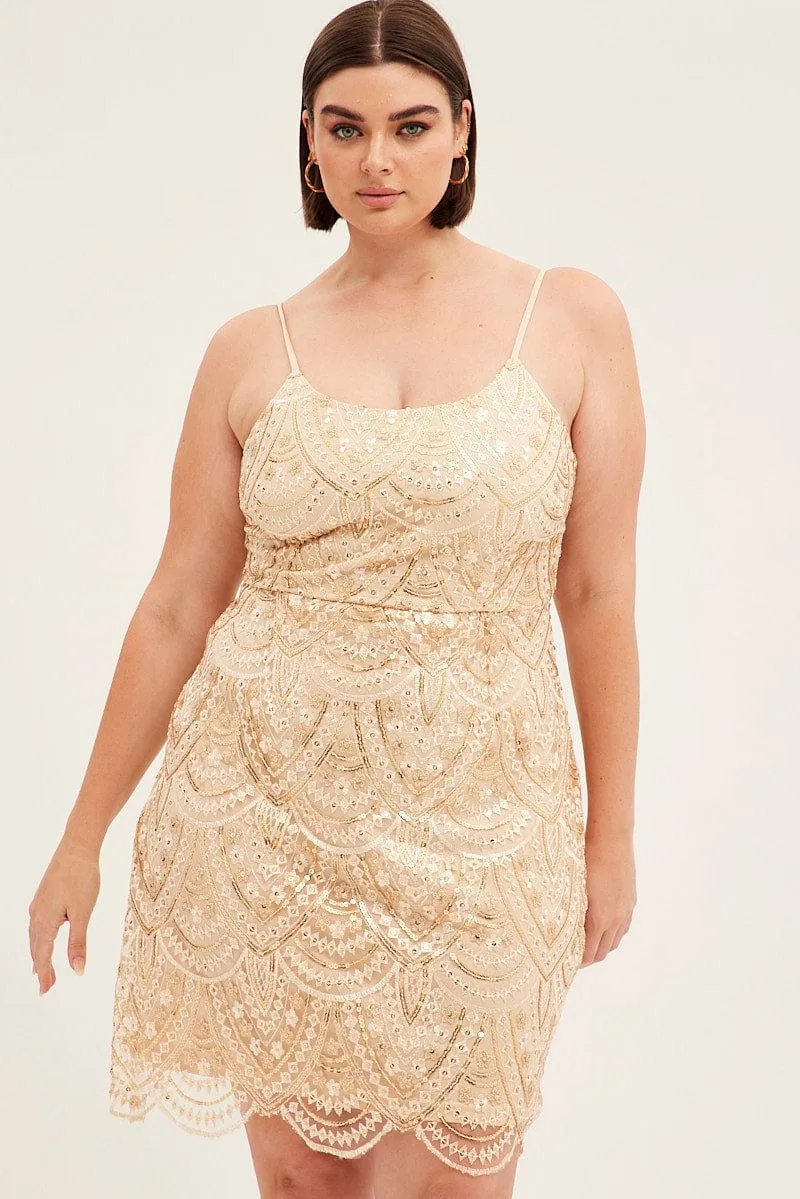 City Pop Gold Mini Dress Shoestring Strap Scalloped Hem Sequin