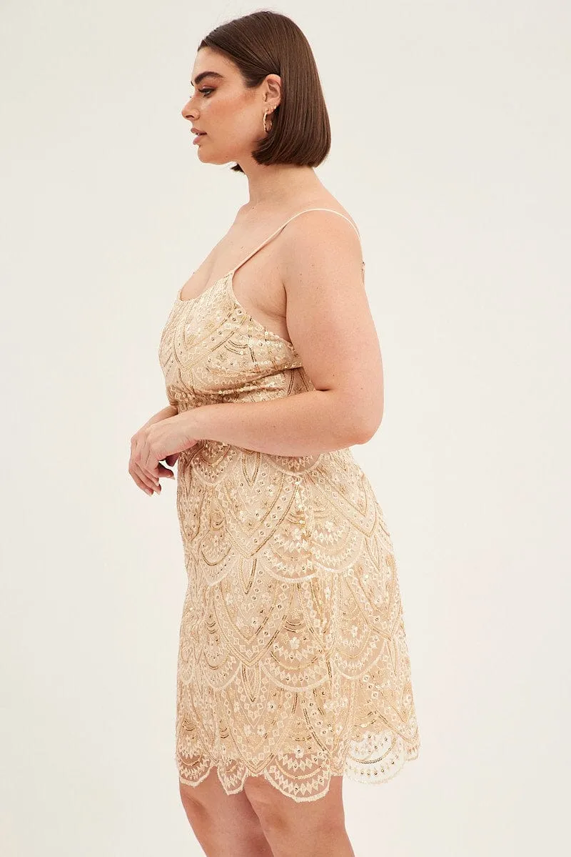Stylish Daywear Gold Mini Dress Shoestring Strap Scalloped Hem Sequin