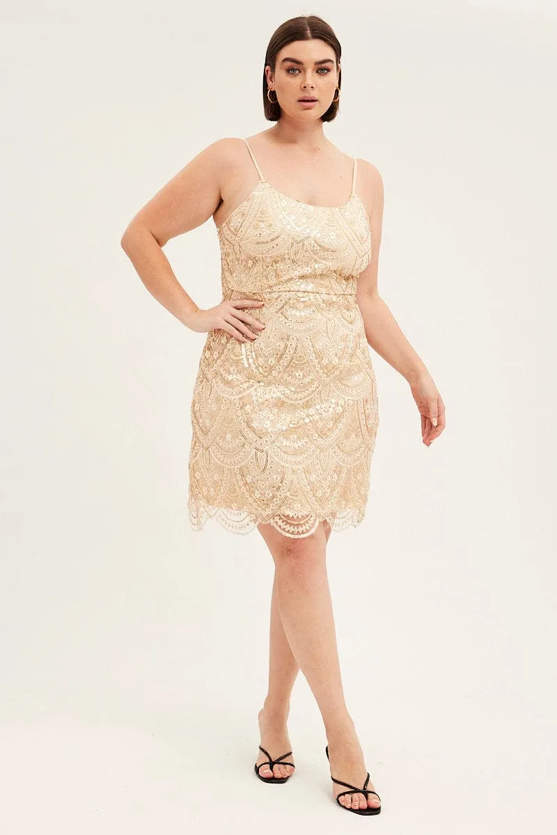 Gold Mini Dress Shoestring Strap Scalloped Hem Sequin Style Fresh