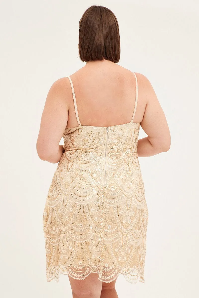 Smart Casual Rush Style Gold Mini Dress Shoestring Strap Scalloped Hem Sequin