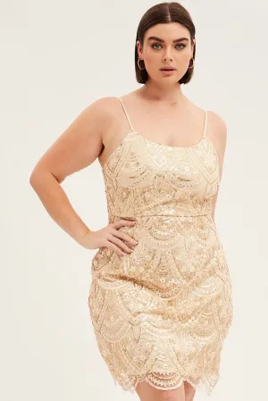 Gold Mini Dress Shoestring Strap Scalloped Hem Sequin Light Pop