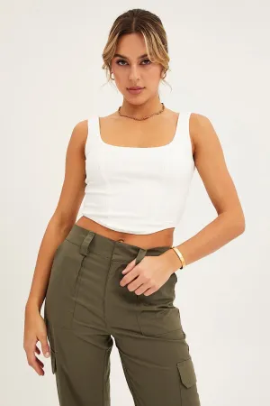 Casual Design White Corset Crop Rib Curve Hem Tank