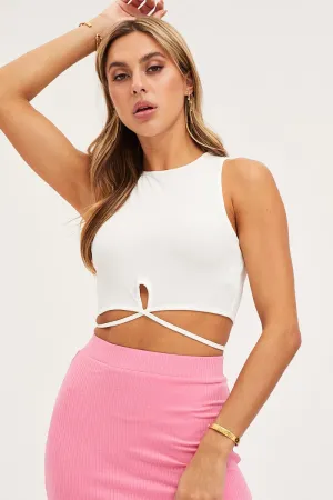 White Jersey Tank Wrap Waist Ribbed Picnic Fun