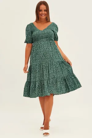 french chic Green Ditsy Midi Dress Shirred Bodice V-neck