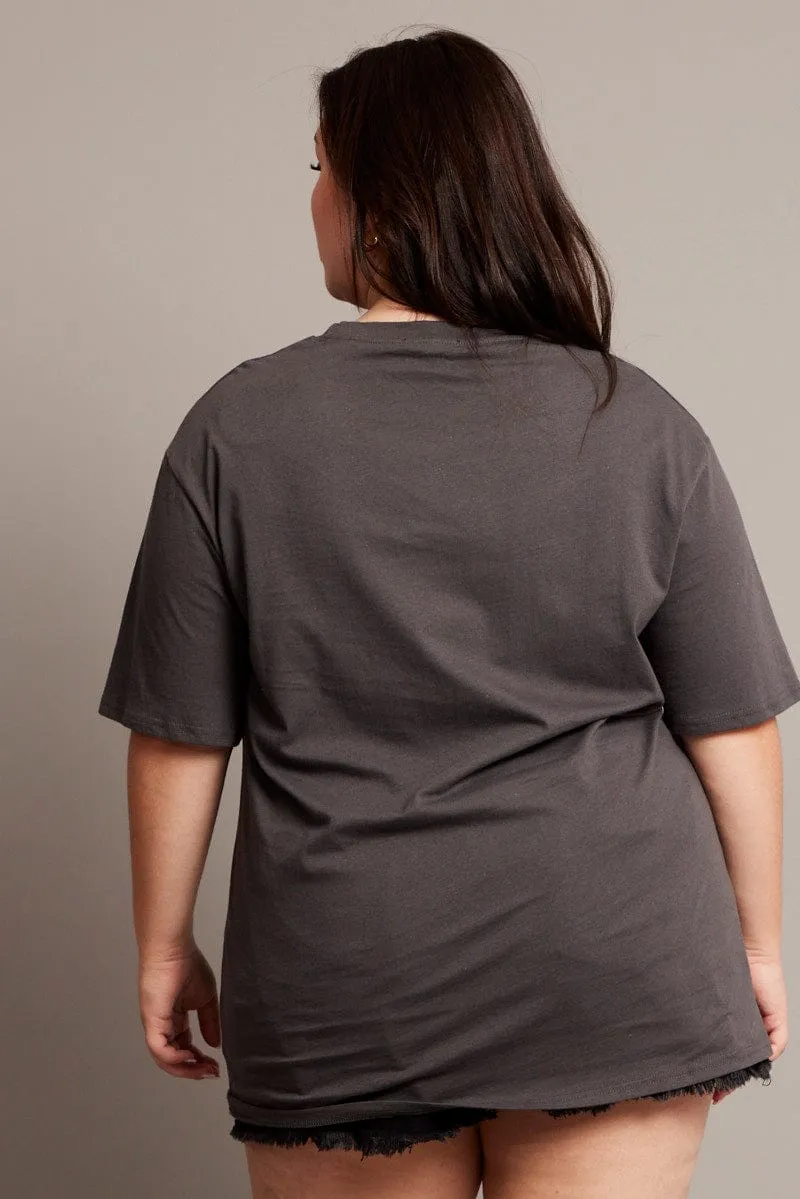 Grey Graphic T-shirt Short Sleeve Crew Neck Chilly Weather Style Spandex Enhanced Elasticity