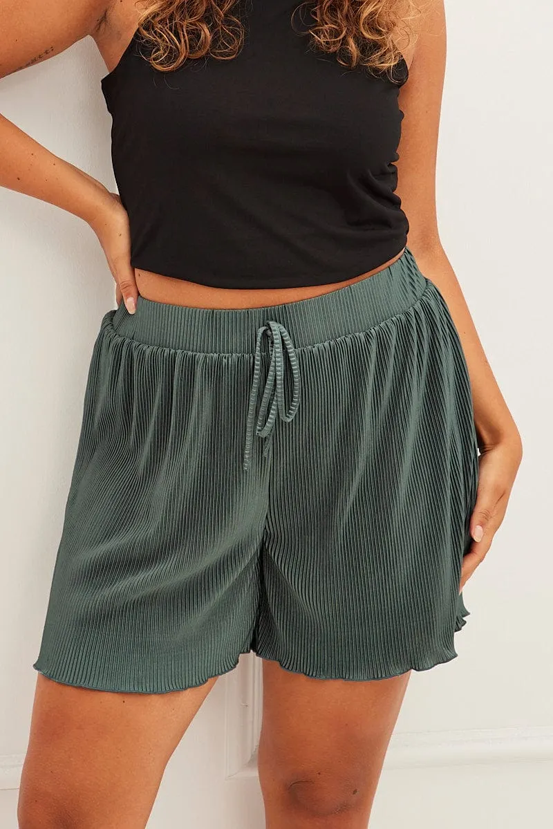 MultiPocketDesign Repair Fit Green High Rise Plisse Elastic Waist Shorts