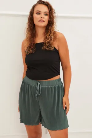 Soul Ease Shape Hug Green High Rise Plisse Elastic Waist Shorts