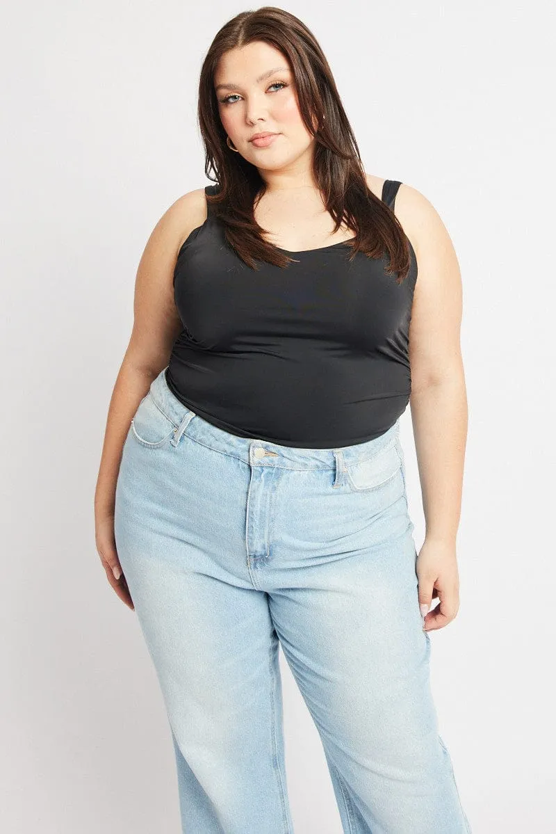 Black Tank Top V Neck Side Ruched Active Gear