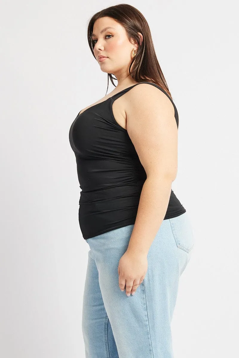 Black Tank Top V Neck Side Ruched Weather Ready Low Care