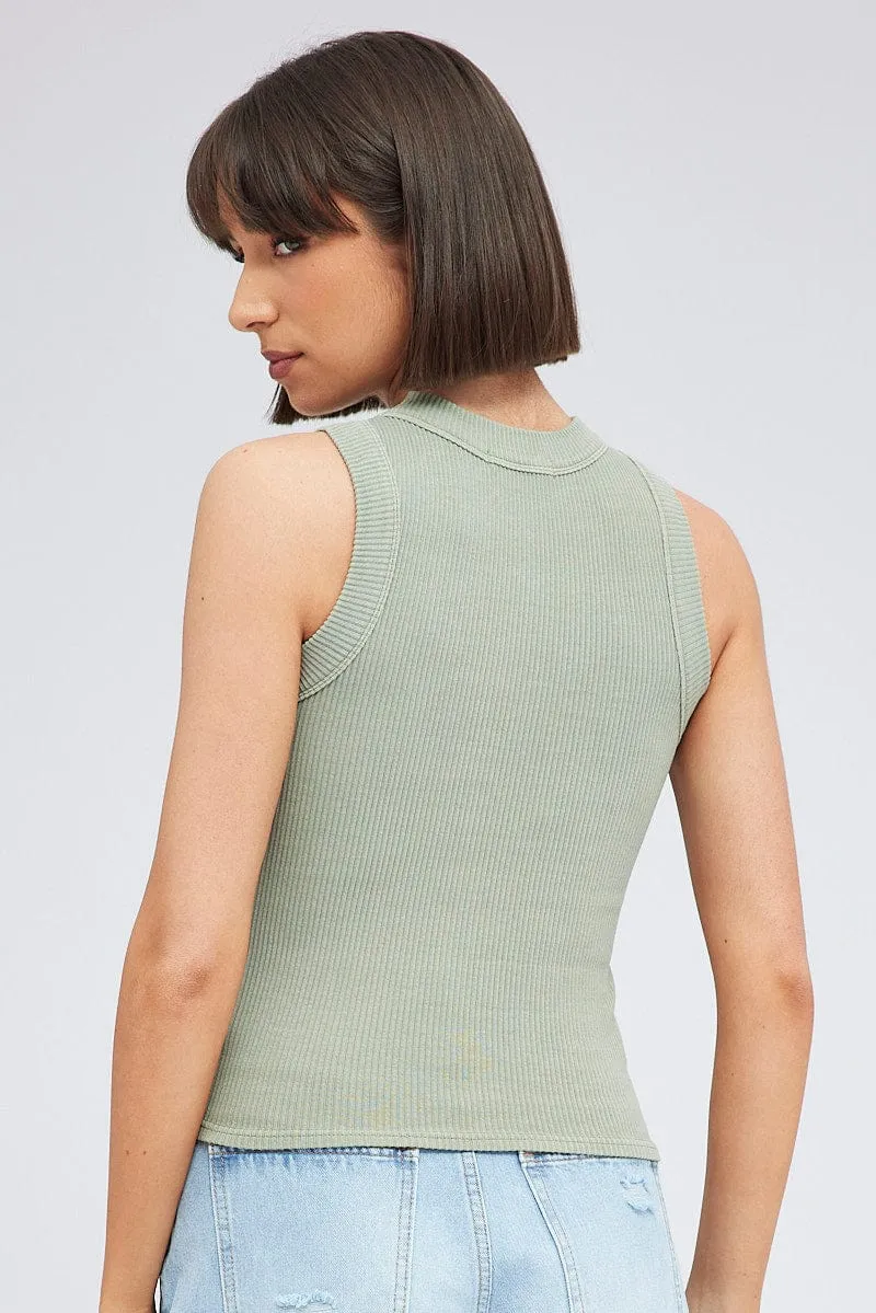 Green Tank Top Sleeveless Crew Neck Washed Love Energy