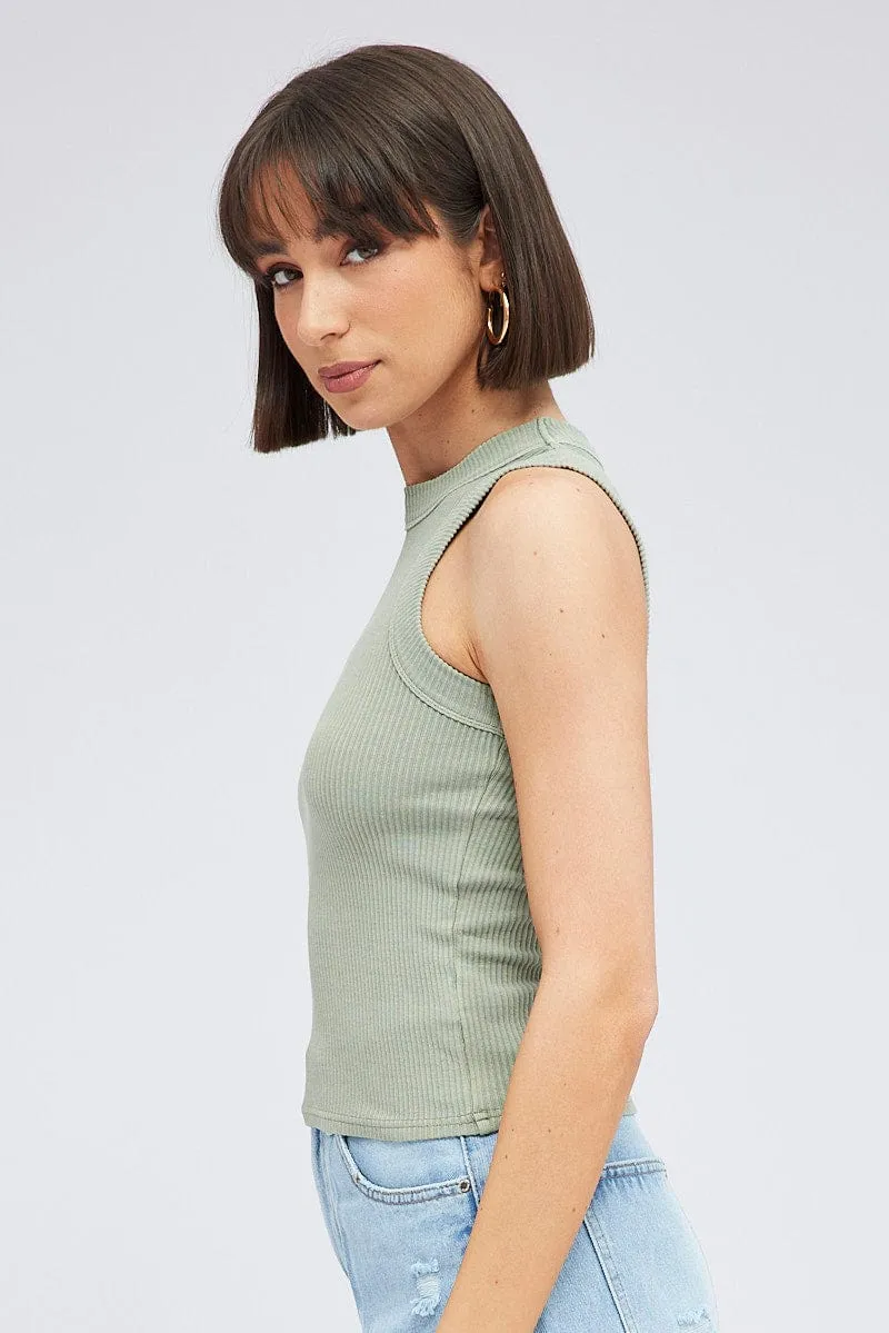 Green Tank Top Sleeveless Crew Neck Washed Wild Mood Serene Ease