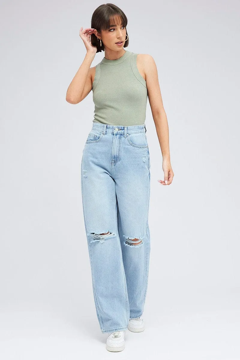 Green Tank Top Sleeveless Crew Neck Washed AdjustableCuffs