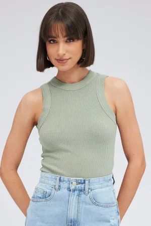 Green Tank Top Sleeveless Crew Neck Washed Professional Wear TearResistant Fabric