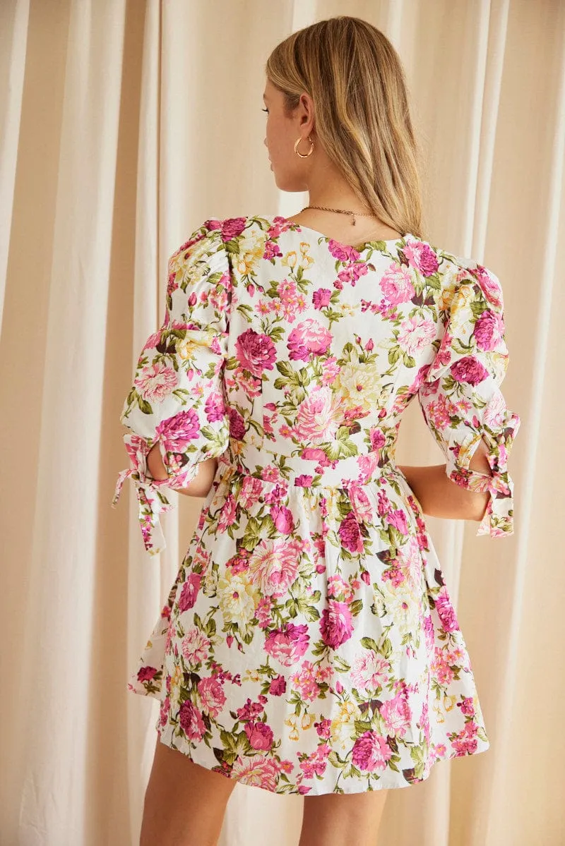 Italian Flair Easy Breath Multi Floral Button Dress Puff Sleeve Rose Floral