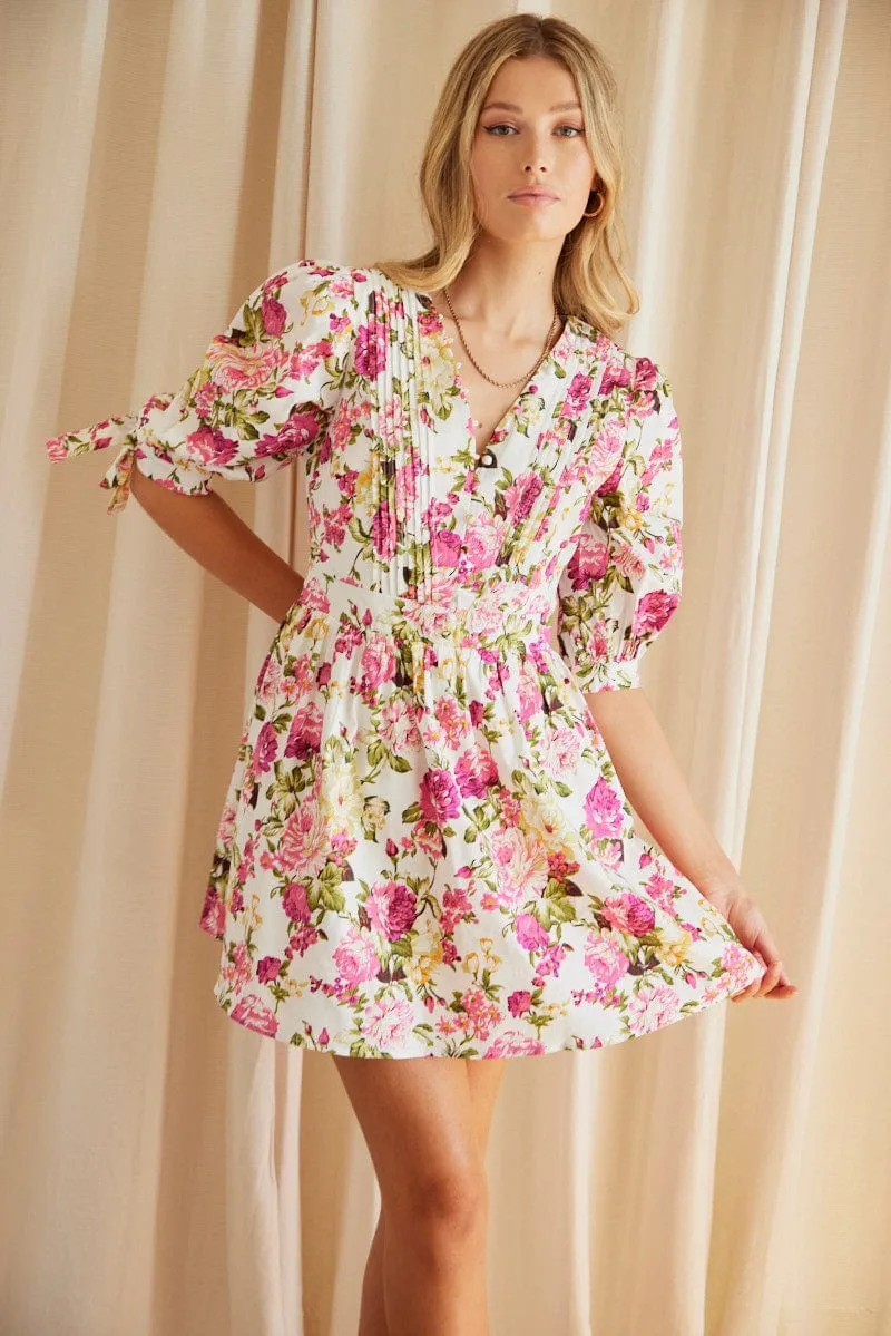 Relaxed Jeans Casual Style Multi Floral Button Dress Puff Sleeve Rose Floral
