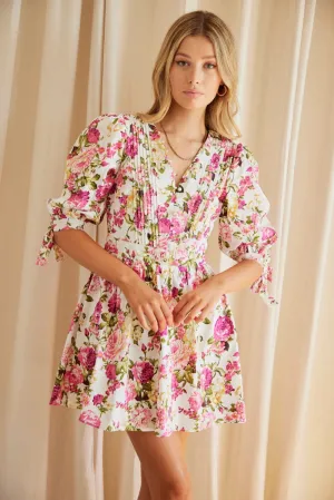 Multi Floral Button Dress Puff Sleeve Rose Floral Clear Mind Art Glow