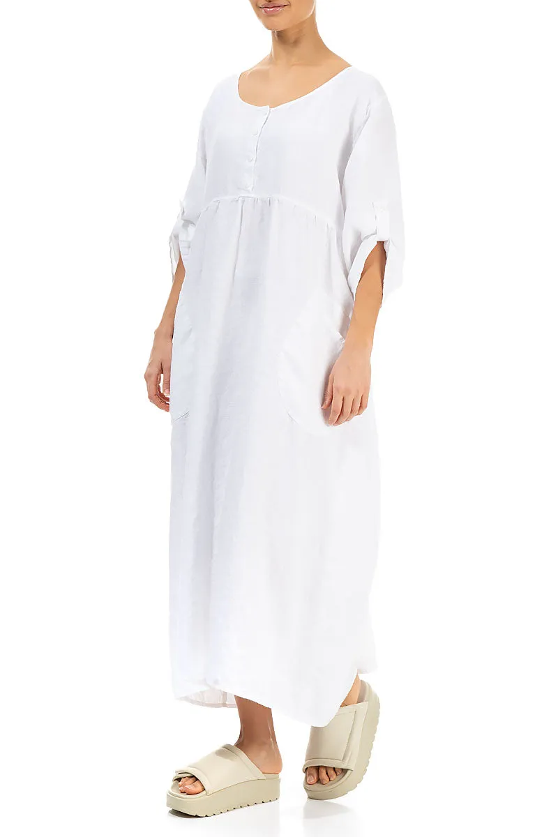 GentleWaistband Adjustable Hem Buttoned White Linen Dress