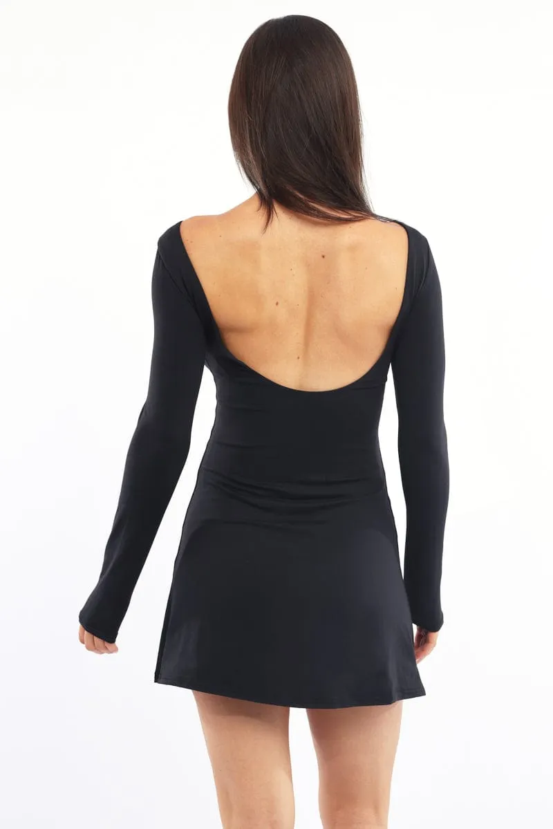 Crop Cut Black Mini Dress Long Sleeve