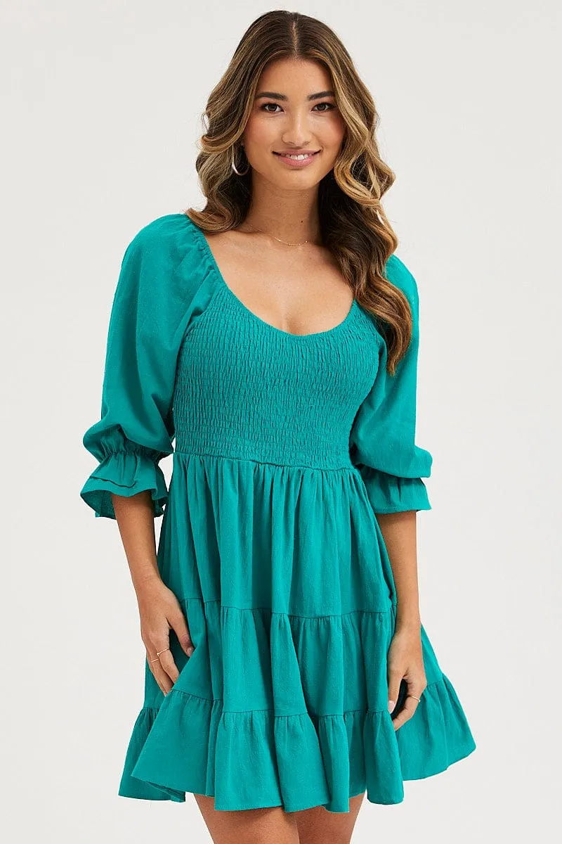 Green Fit And Flare Dress Long Sleeve Sweetheart Neck HighDensityWeave MoistureWickingMaterial