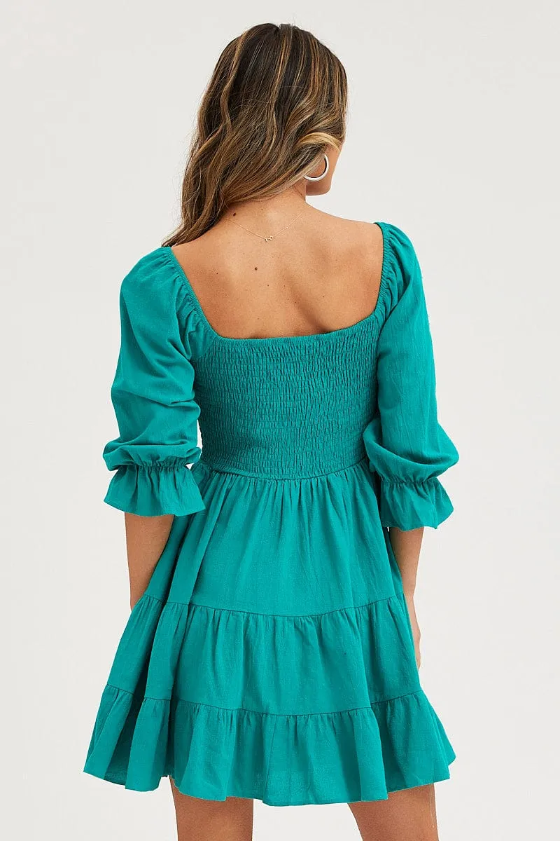 Green Fit And Flare Dress Long Sleeve Sweetheart Neck SnagResistant Weave