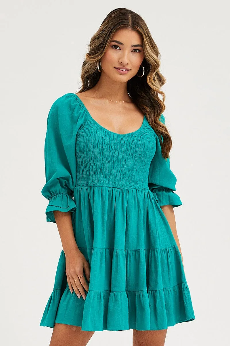 ReflectiveTrims Green Fit And Flare Dress Long Sleeve Sweetheart Neck