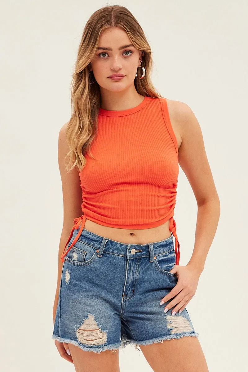 Walk Mood Fashionable Vest Orange Ruched Tank Top Crew Neck Seamless