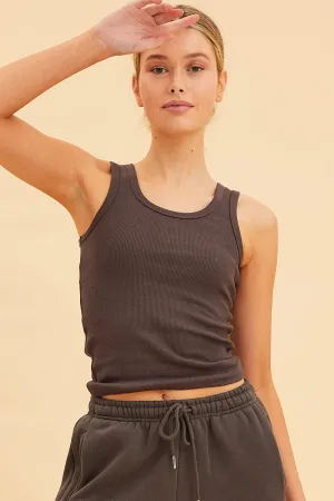 Grey Cotton Tank Scoop Neck Cotton Blend Rib Sleeveless NoSlip Hem