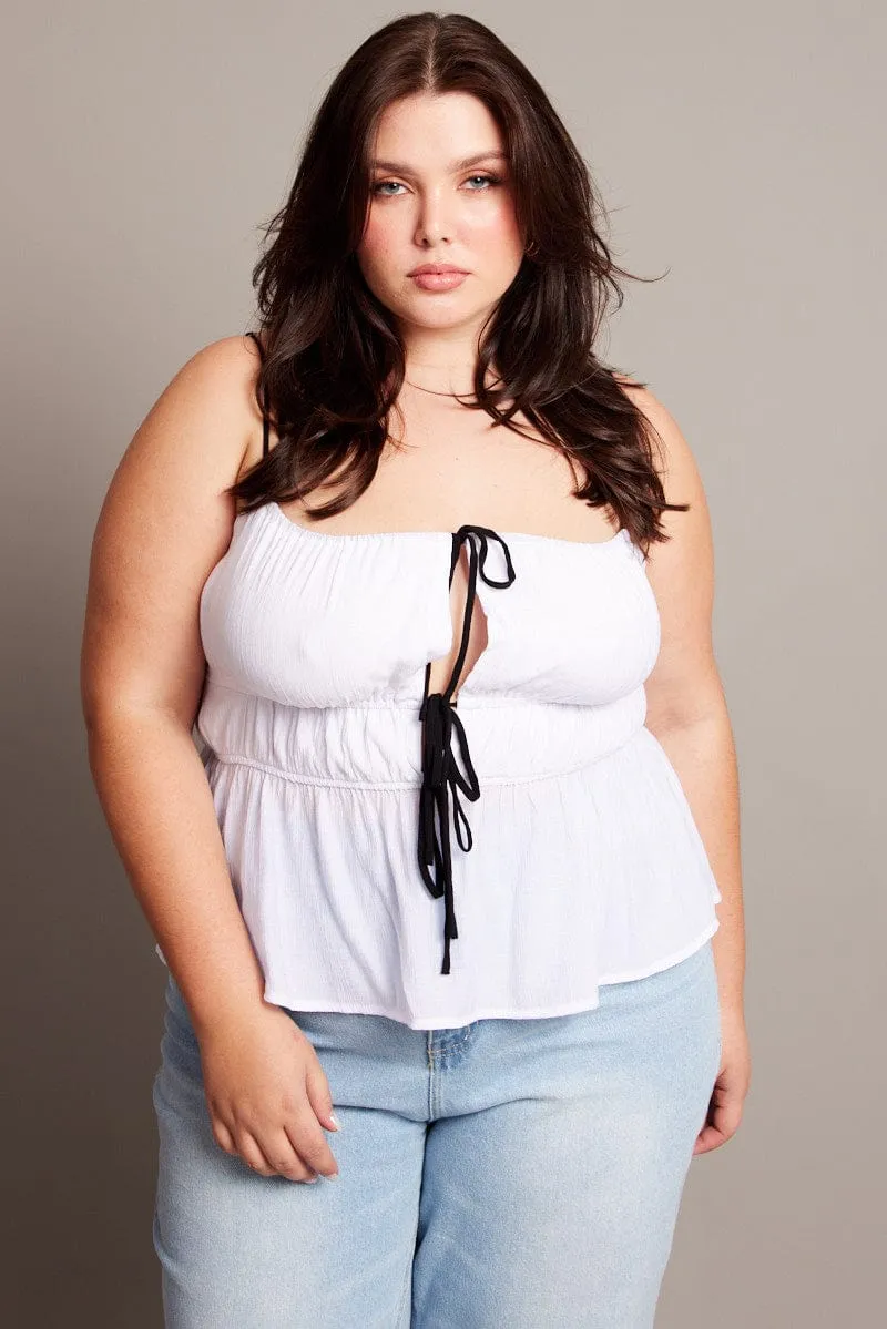 White Cami Top Sleeveless Contrast Ribbon Comfortable Sleep Creative Flow