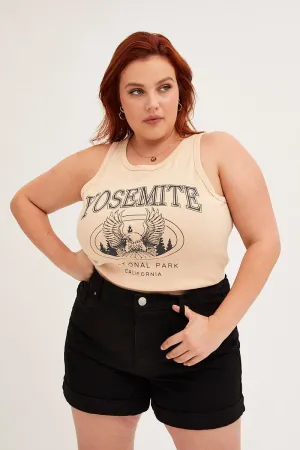 Premium Comfort Beige Graphic Tank Top Crew Neck Sleeveless