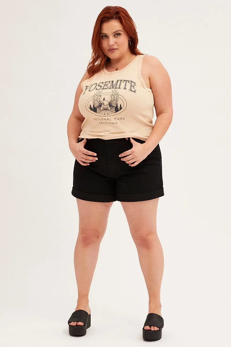 Beige Graphic Tank Top Crew Neck Sleeveless Winter Layer