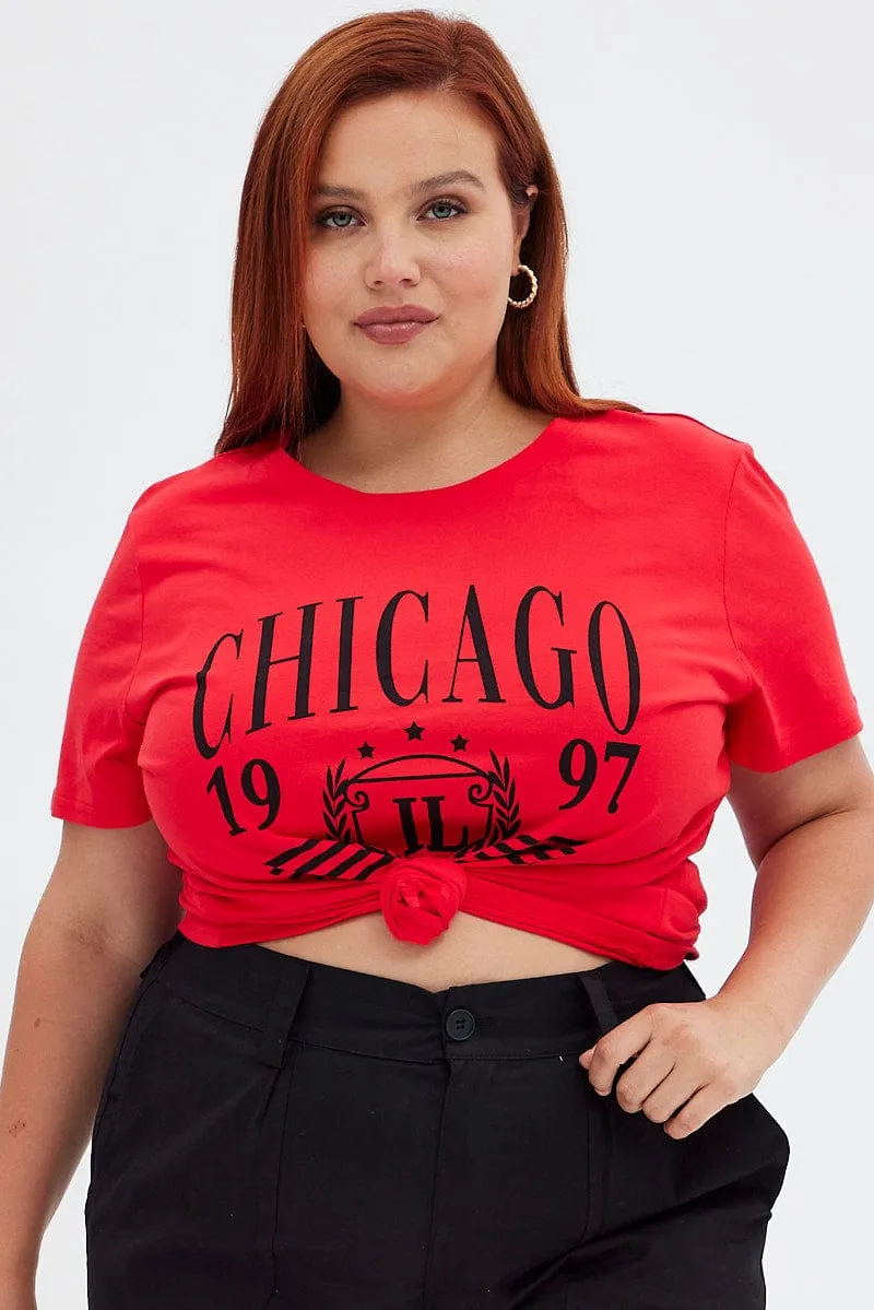 Red Graphic T-shirt Short Sleeve Crew Neck crew neck elastic waistband