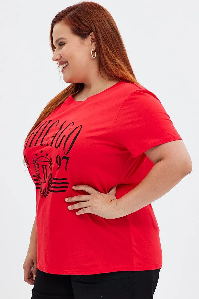 Red Graphic T-shirt Short Sleeve Crew Neck Linen blend
