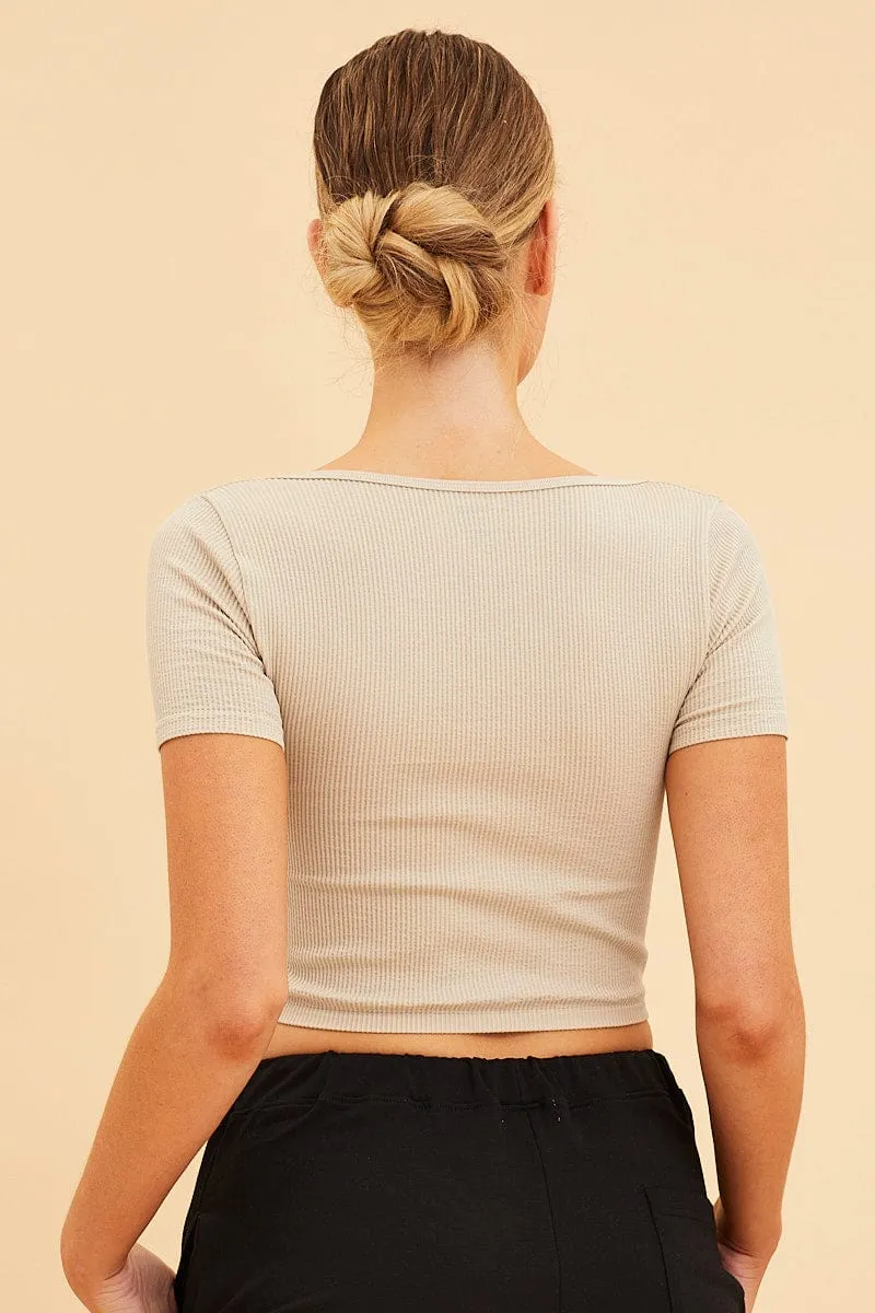 QuickDryingTech Brown Bone Seamless T-Shirt Crop Short Sleeve Square Neck