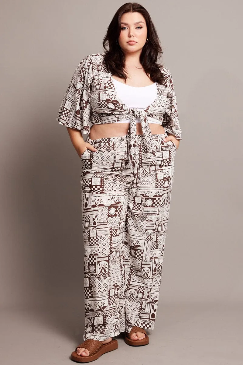 Outdoor Essentials Perfect Fit Brown Abstract Wide Leg Pants High Rise