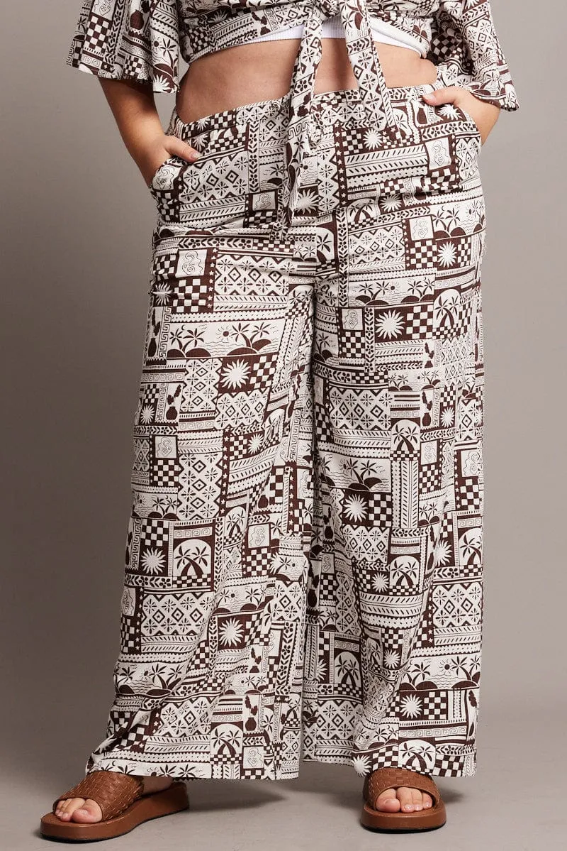 Timeless Wear Machine washable Brown Abstract Wide Leg Pants High Rise