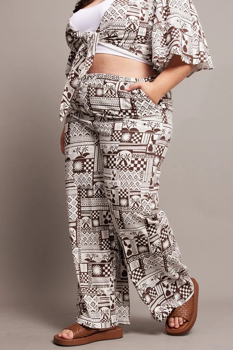 Non Irritating Brown Abstract Wide Leg Pants High Rise