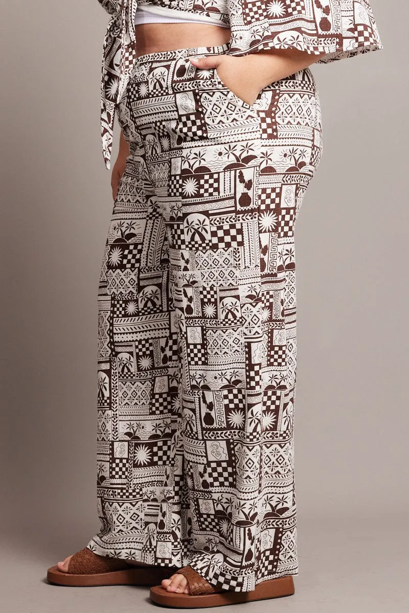 Layered Style Brown Abstract Wide Leg Pants High Rise