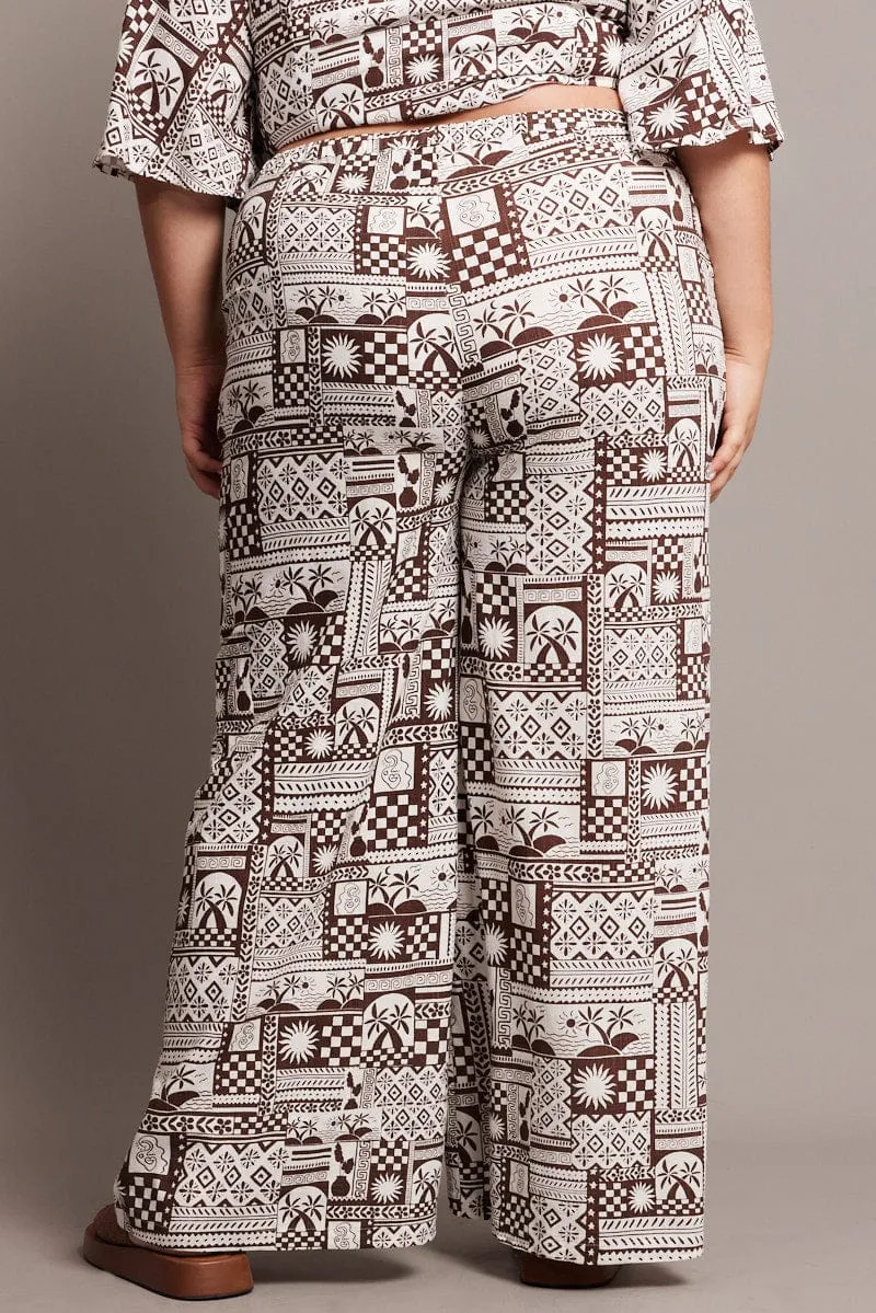 Soft Brushed Lining Plus-size option Brown Abstract Wide Leg Pants High Rise