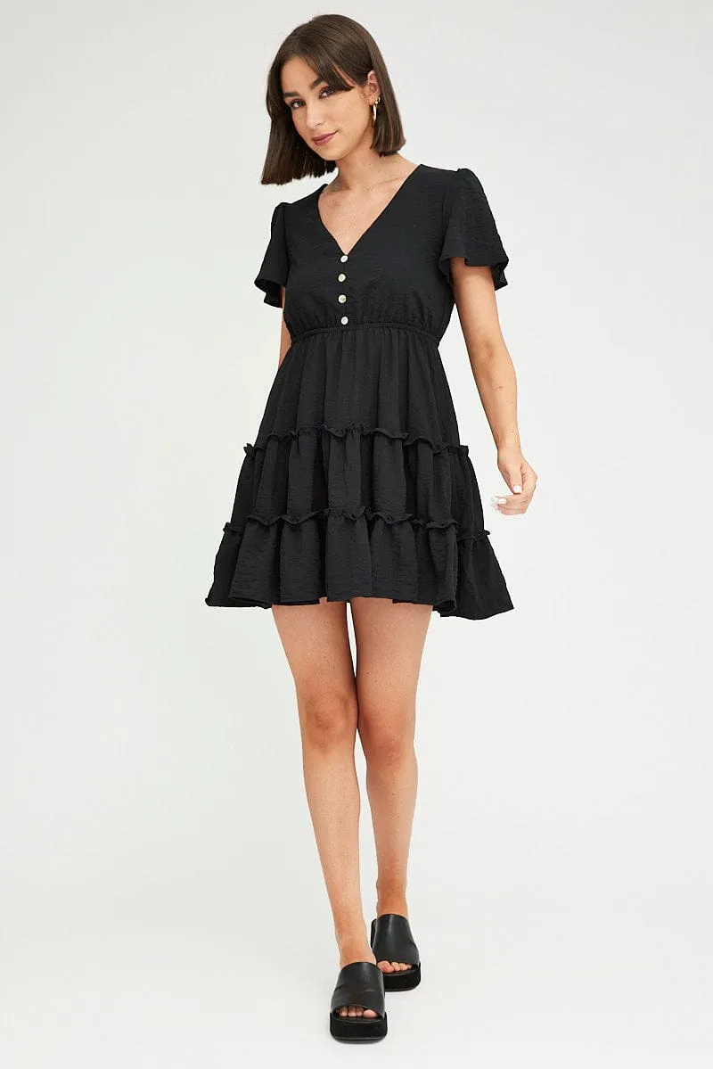 Black Fit And Flare Dress Short Sleeve Mini NonSlip Grips Bonded Seam Technology