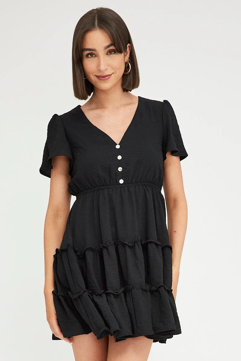 Black Fit And Flare Dress Short Sleeve Mini Digital Glow Soft Jacket