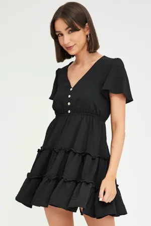 Tropical Glow Black Fit And Flare Dress Short Sleeve Mini