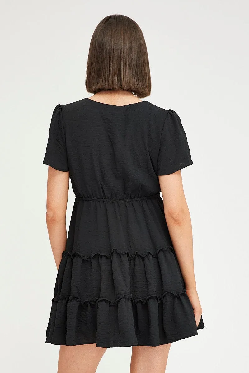 Winter Style Simple Style Black Fit And Flare Dress Short Sleeve Mini