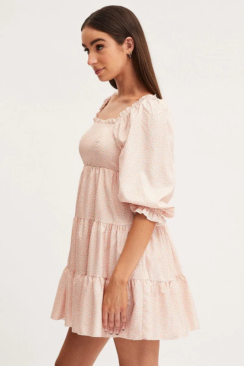 Ditsy Print Fit And Flare Dress Long Sleeve Square Neck UniversalFit