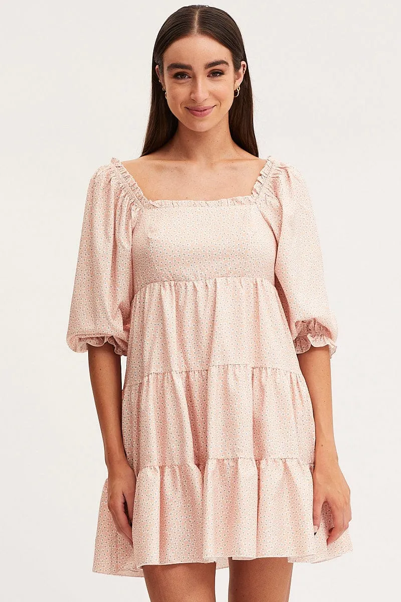 ShapeRetentionCloth Ditsy Print Fit And Flare Dress Long Sleeve Square Neck